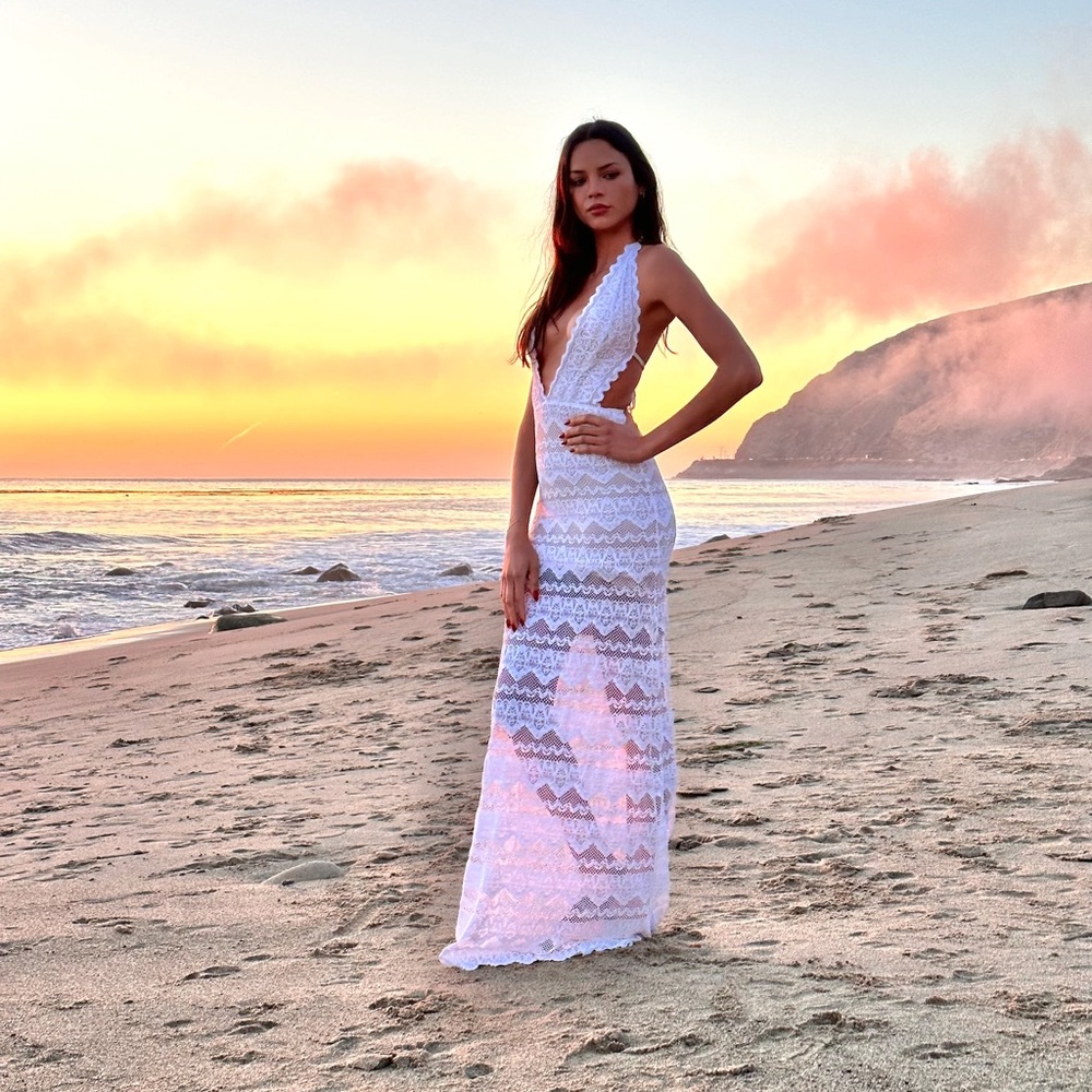 Nightcap Free People Sierra Lima White Lace Backless Maxi Bridal Dress Gown M L